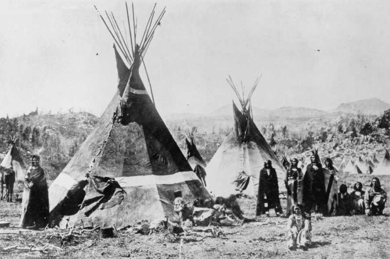 A Shoshone encampment in the Wind River Mountains of Wyoming, photographed by W. H. Jackson, 1870