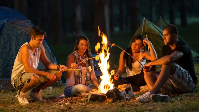 A group of four friends enjoying a camping trip in a forested area at night. They are sitting around a roaring campfire, roasting marshmallows on sticks.