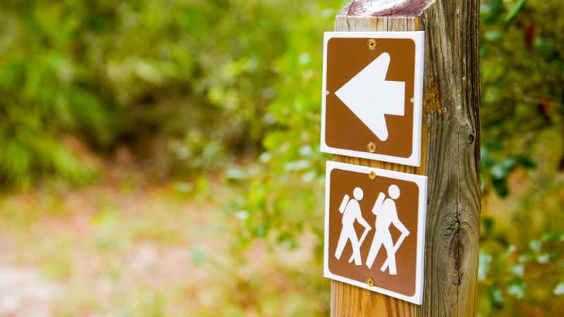 Wooden hiking trail post with brown signs indicating the direction for hikers against a lush green forest background.
